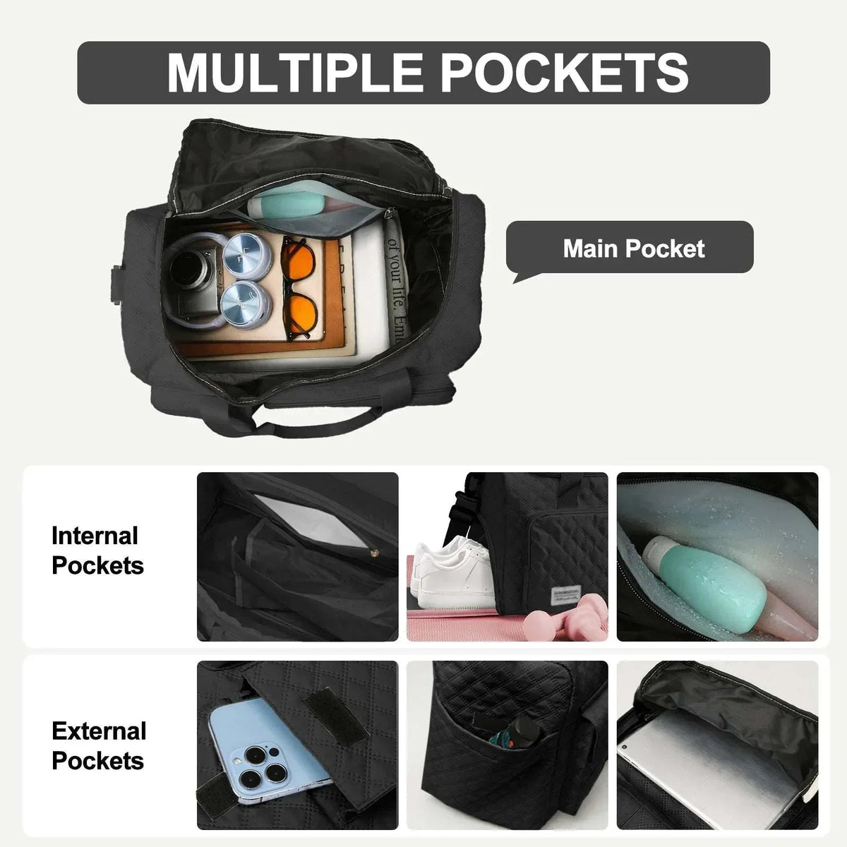 DAKIMOE Travel Duffle Bag for Women Men, Weekender Bags Carry on Gym Bag with Wet Pocket/Adjustable Strap/Shoe Compartment, Foldable Waterproof Overnight Tote Bag for Plane Sports Dance, Black