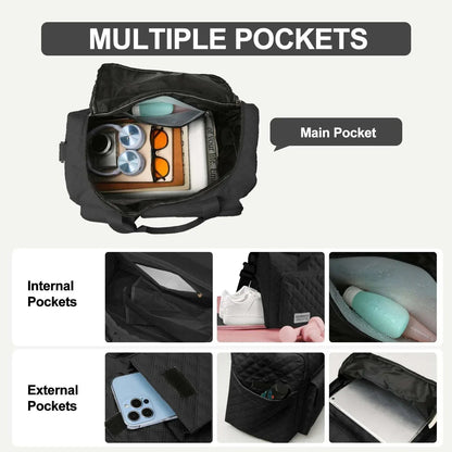 DAKIMOE Travel Duffle Bag for Women Men, Weekender Bags Carry on Gym Bag with Wet Pocket/Adjustable Strap/Shoe Compartment, Foldable Waterproof Overnight Tote Bag for Plane Sports Dance, Black