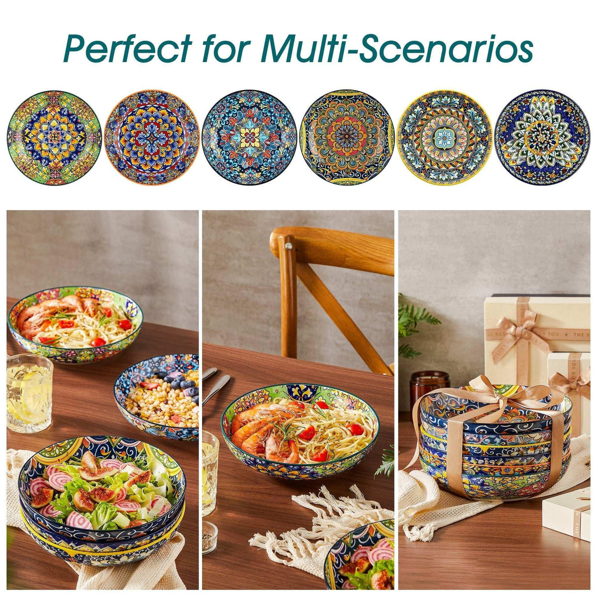 Malacasa Pasta Bowls, Ceramic Salad Bowls Set of 6, 42 oz Large Corlorful Serving Bowls for Kitchen, Dishwasher Microwave Safe Soup Bowls Set, Pasta Plates