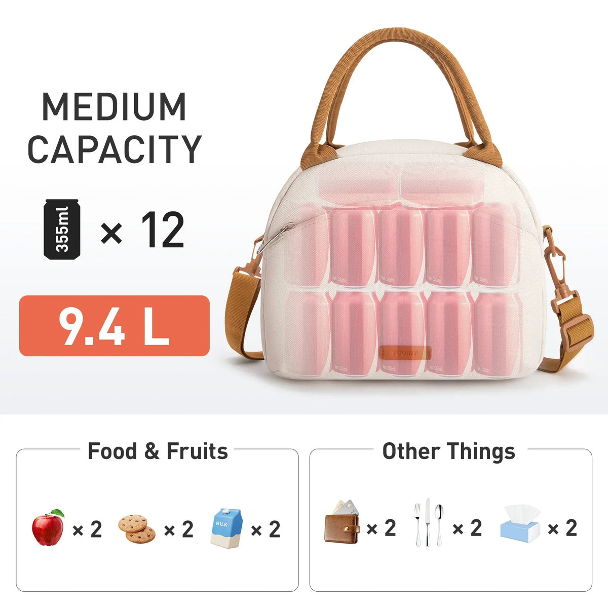 TOURIT Insulated Lunch Box Reusable Lunch Tote Bag, Soft Thermal Cooler Bag Food Container with Adjustable Shoulder Strap for Women Men, Work School Picnic Beach, Cream