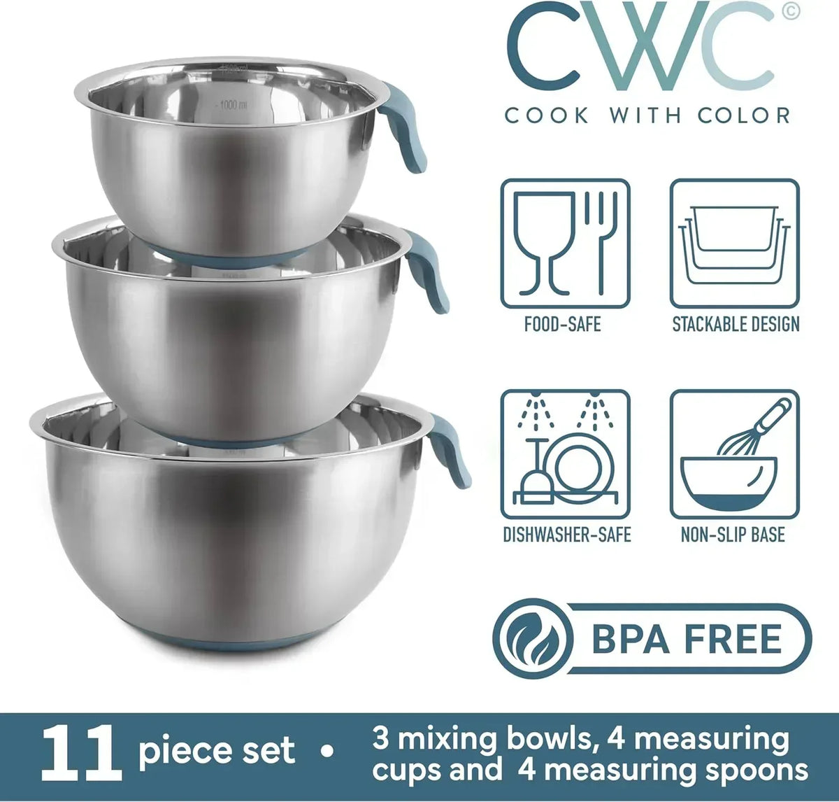 COOK WITH COLOR Stainless Steel Mixing Bowls Set and Measuring Cups- Nesting Bowls with Non-Slip Bottom and Easy-Grip Handles, 11 Pieces