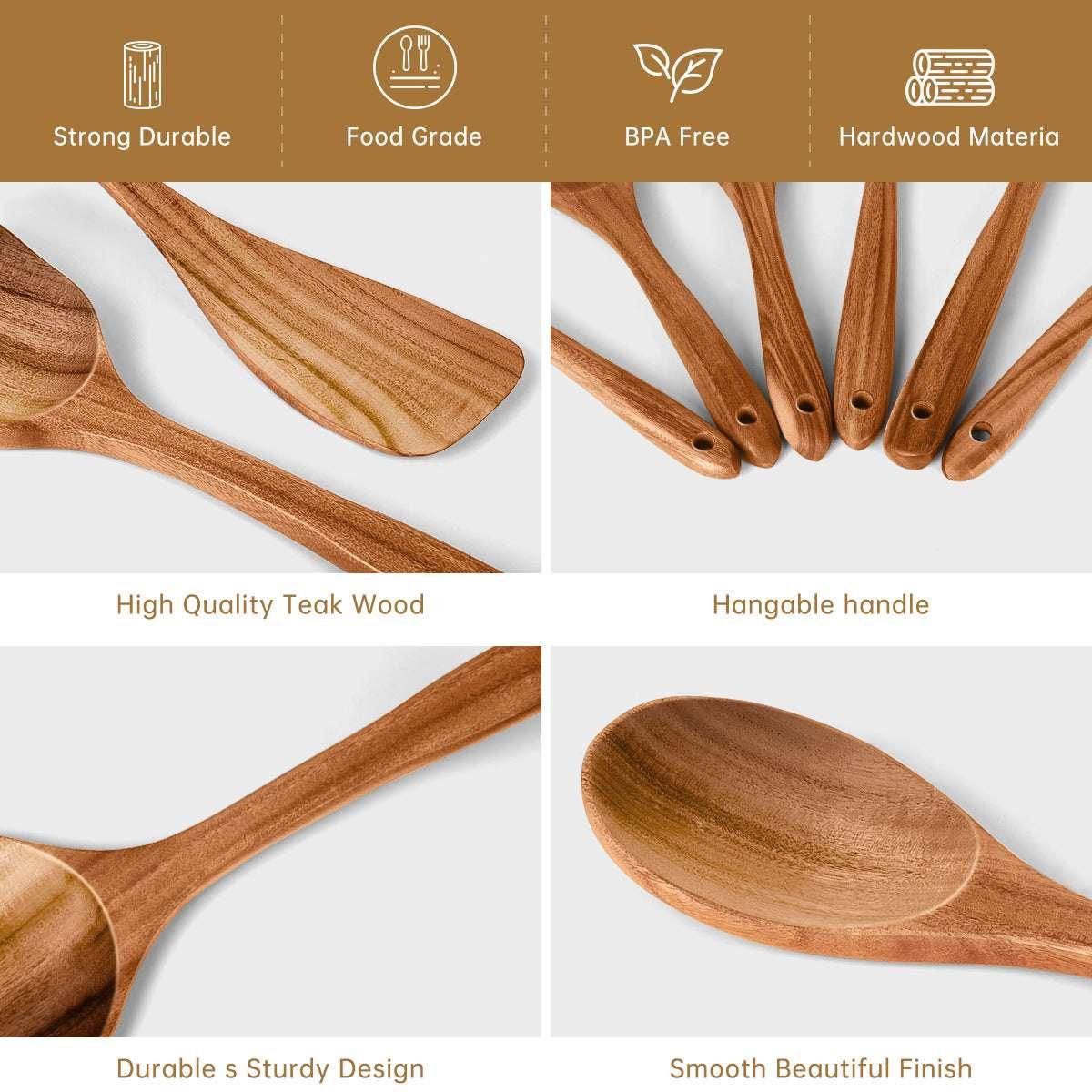GPED Wooden Spoons for Cooking, 6 PCS Teak Wood Cooking Utensil Set, Wooden Kitchen Utensils for Nonstick Pans & Cookware, Spoons and Spatula Set, Sturdy, Lightweight & Heat Resistant