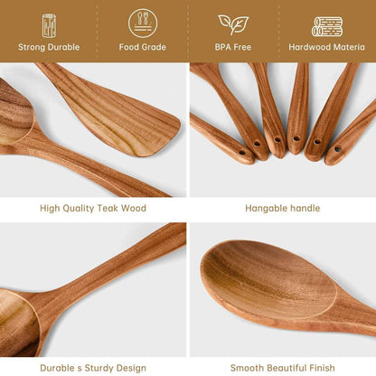 GPED Wooden Spoons for Cooking, 6 PCS Teak Wood Cooking Utensil Set, Wooden Kitchen Utensils for Nonstick Pans & Cookware, Spoons and Spatula Set, Sturdy, Lightweight & Heat Resistant