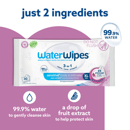 WaterWipes Sensitive Body & Intimate Wipes, 3-In-1 Cleans, Cares, Protects, 99.9% Water, Unscented & Hypoallergenic Hygiene Wet Wipes, Adult Care, 3 Packs (90 Wipes)