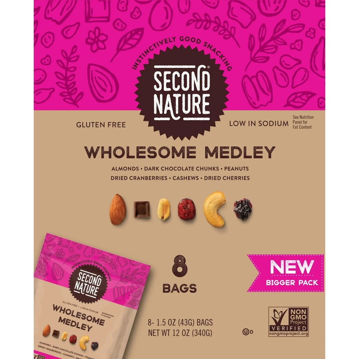 Second Nature Wholesome Medley Trail Mix, 12 oz, 8 Count – Gluten Free Single-Serve Snack Bags