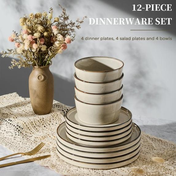 Vesteel Dinnerware Sets for 4, 12-Pieces Ceramic Plates and Bowls Sets, Handmade Reactive Glaze Dishes Set for Kitchen Dining, Dishwasher Safe, Khaki