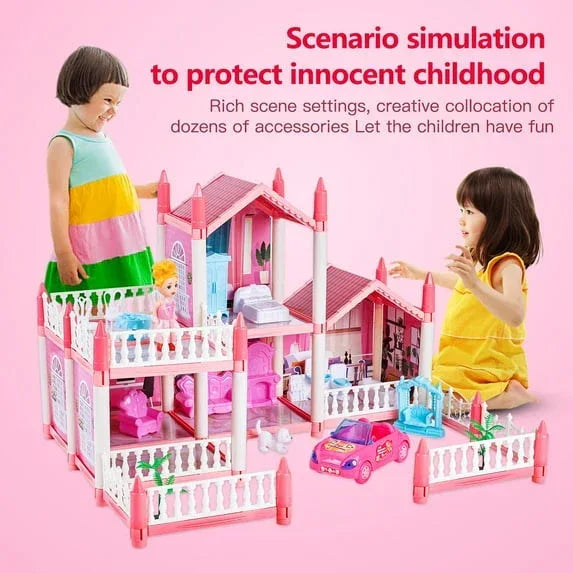 Anpro Pink Dollhouse Pretend Play Set for Kid, Big Villa Princess Castle, 5 Rooms Dollhouse with Doll Toy Figure for Boys and Girls Age 3+ Play House Gift Toys and Christmas