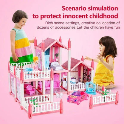 Anpro Pink Dollhouse Pretend Play Set for Kid, Big Villa Princess Castle, 5 Rooms Dollhouse with Doll Toy Figure for Boys and Girls Age 3+ Play House Gift Toys and Christmas