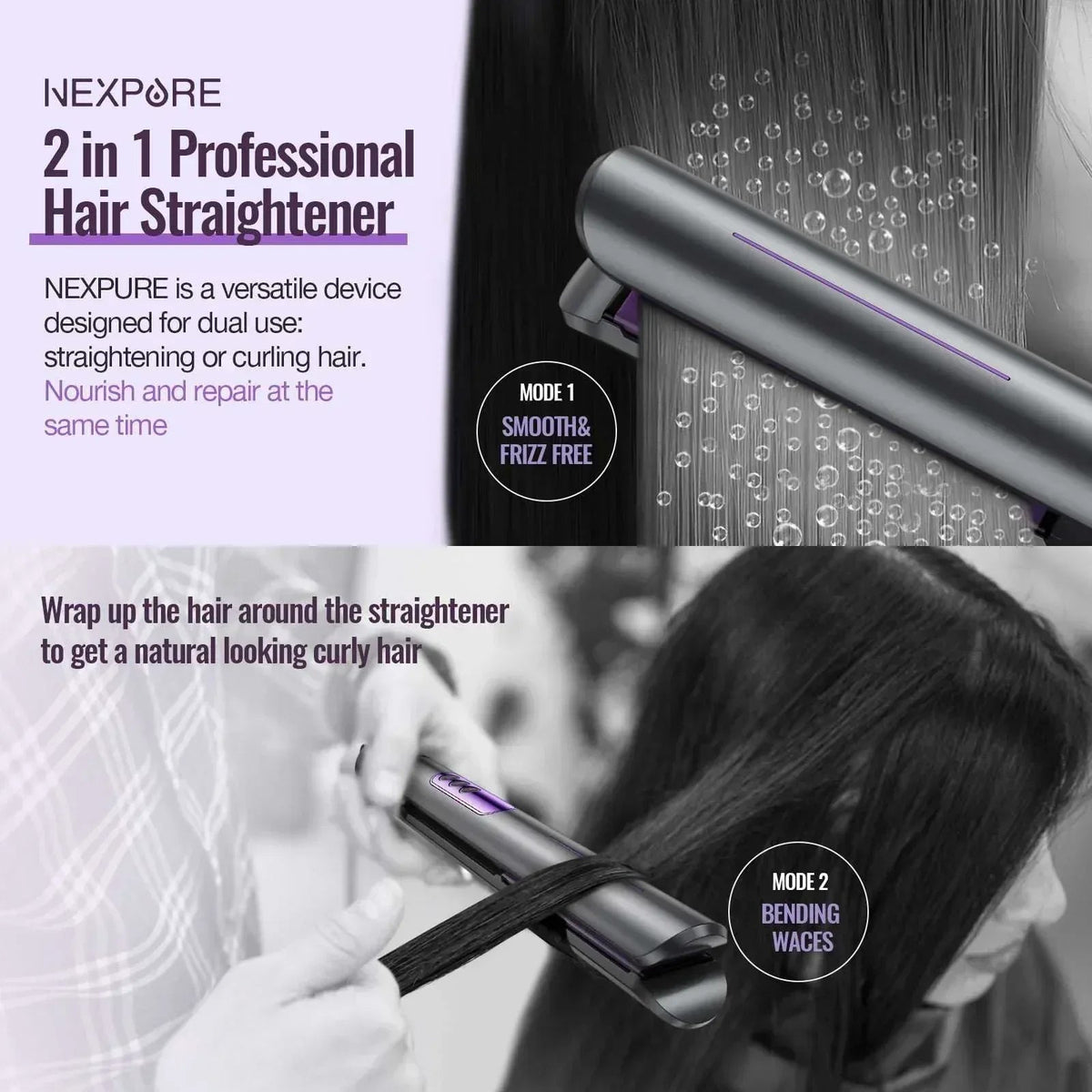 NEXPURE New Upgrade Ionic Flat Iron , Fast Heating Professional Salon 2-in-1 Ceramic Hair Straightener and Curler,Dual Voltage for Travel