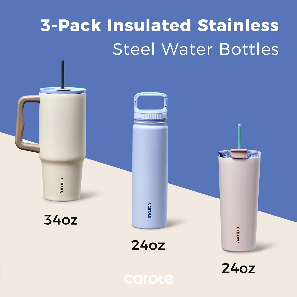 Carote 3pcs Insulated Stainless Steel Water Bottle and Tumbler Set with Straw/Handle, 34oz & 32oz*2, Blue