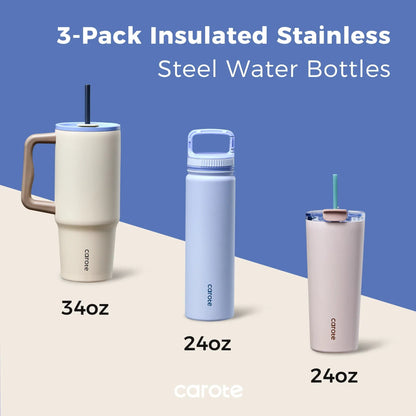 Carote 3pcs Insulated Stainless Steel Water Bottle and Tumbler Set with Straw/Handle, 34oz & 32oz*2, Blue