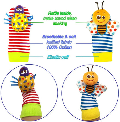 Rattle Toy,Arm Hand Bracelet Rattle,Feet Leg Ankle Socks, Present Gift for Newborn Infant Babies Boy Girl Bebe (4 Bugs)