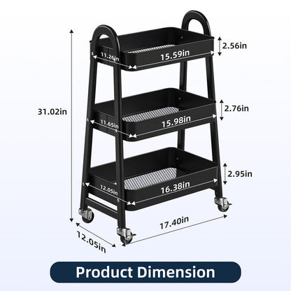 Gianna Utility Cart, Metal, 3‑Tier, Lockable Caster Wheels , 360° Rolling, Black
