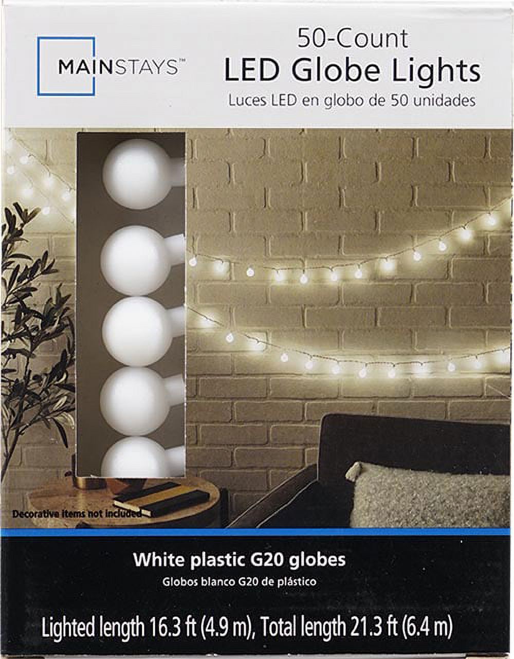 Mainstays Indoor 50-Count LED Globe Lights, with Frosted White G20 Globes, AC-Adaptor, 4.5 Volts