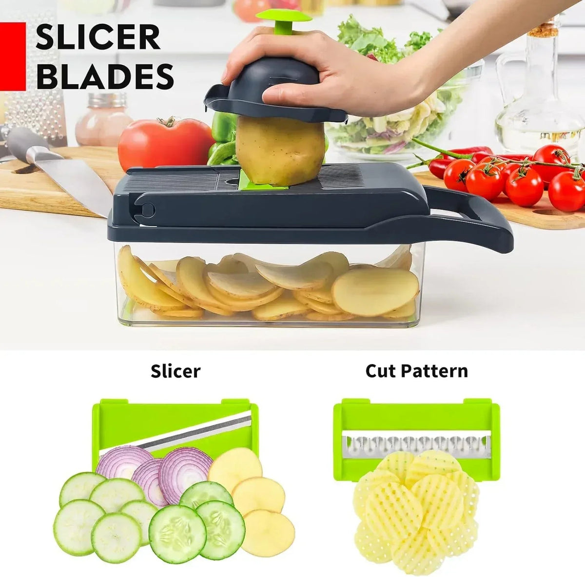Vegetable Chopper, Pro Onion Chopper, 14 in 1Multifunctional Food Chopper, Kitchen Vegetable Slicer Dicer Cutter,Veggie Chopper With 8 Blades,Carrot Chopper With Container-kitchen essentials(Grey)