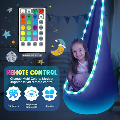 UQN Kids Pod Swing Seat, Light Up Hanging Hammock Chair with Inflatable Pillow, Indoor and Outdoor Toy Sensory Swing for kids, 100% Cotton Loading Capacity 176 lbs