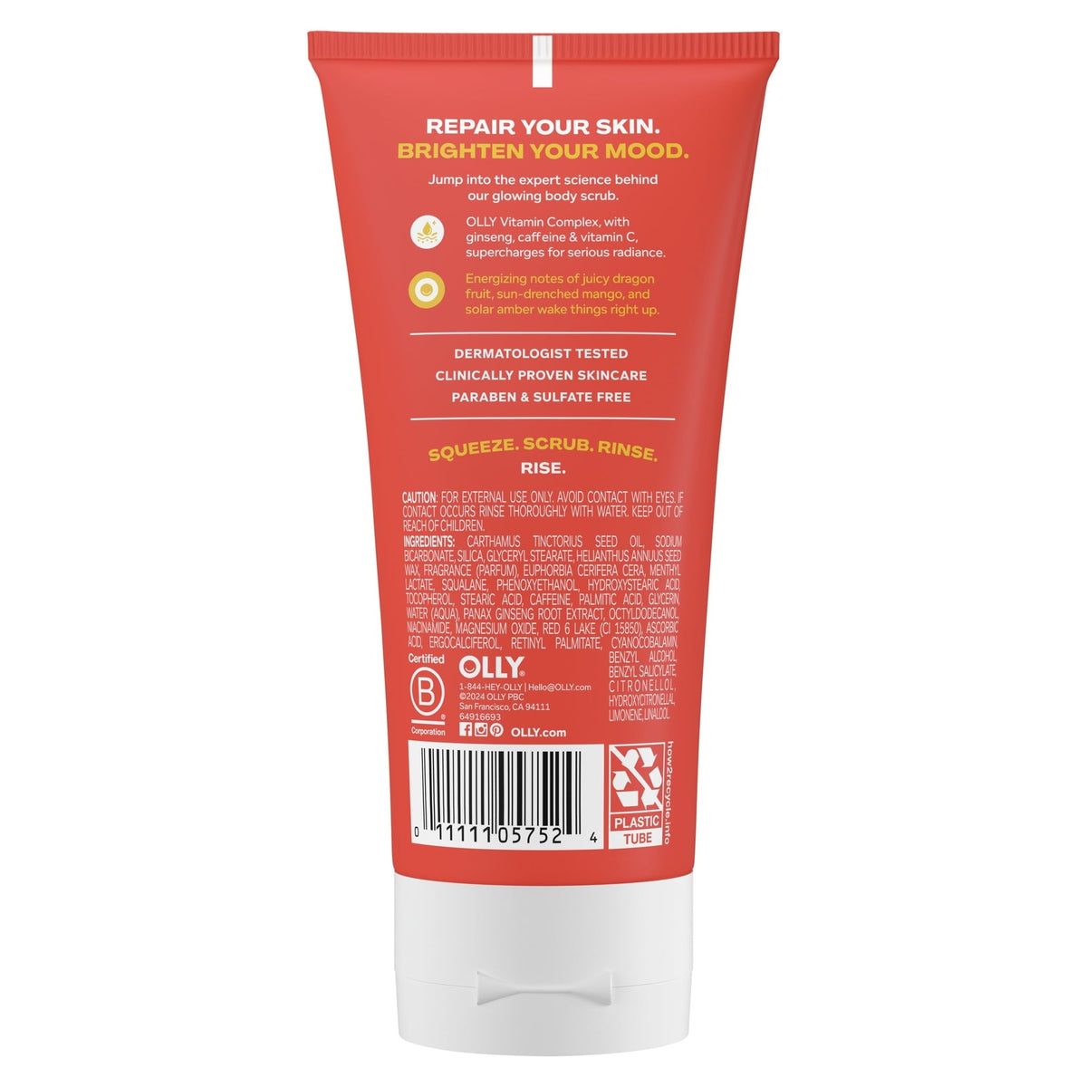 (6 pack) OLLY Bright Body Scrub Exfoliates & Repairs Skin Barrier Citrus Currant, 6 oz