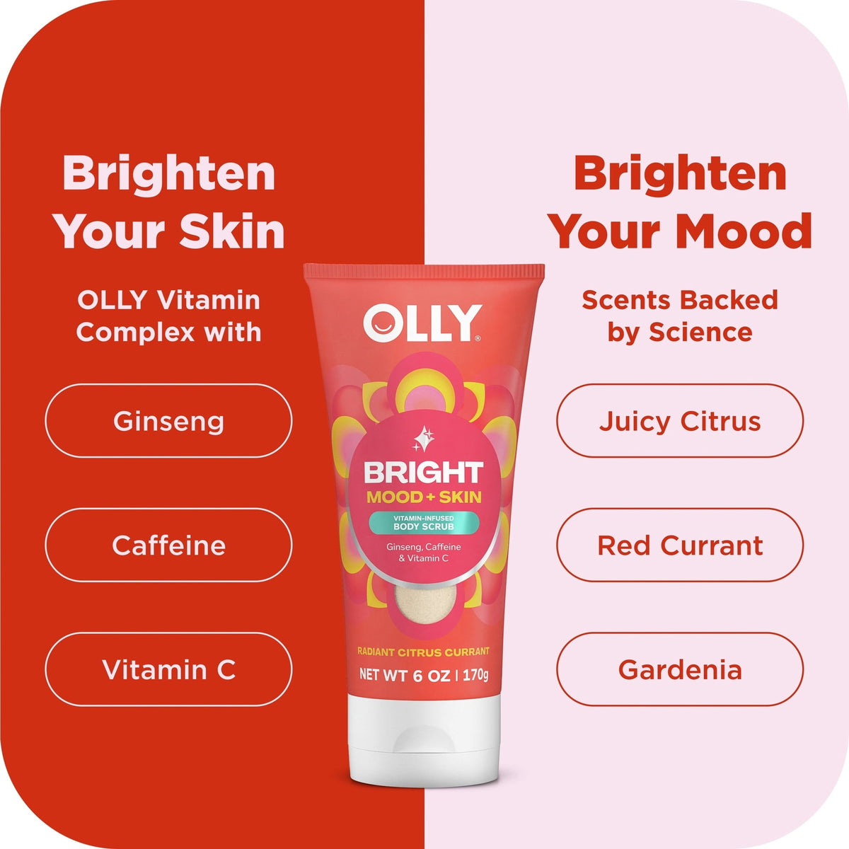 (6 pack) OLLY Bright Body Scrub Exfoliates & Repairs Skin Barrier Citrus Currant, 6 oz