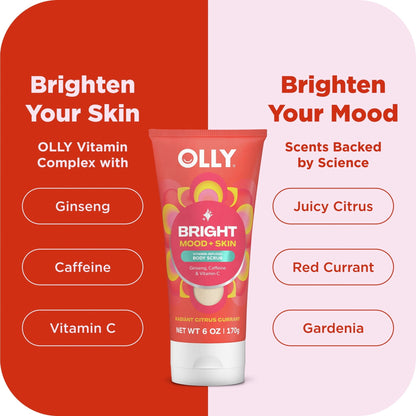 (6 pack) OLLY Bright Body Scrub Exfoliates & Repairs Skin Barrier Citrus Currant, 6 oz