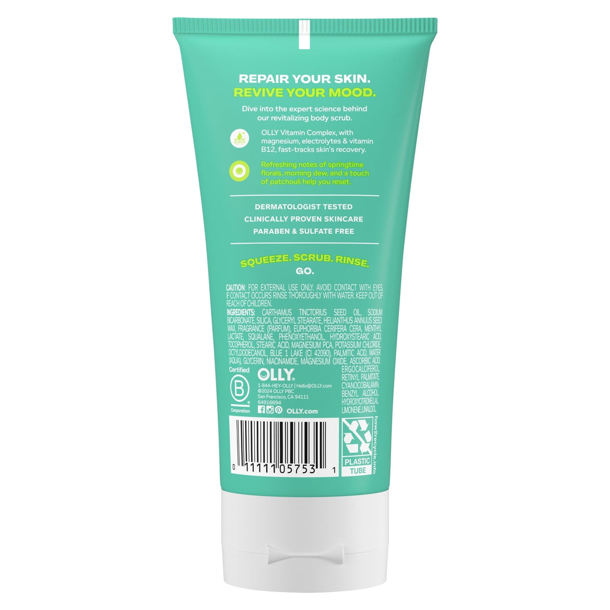 (6 pack) OLLY Revive Body Scrub Exfoliates & Repairs Skin Barrier Neroli Dew, 6 oz