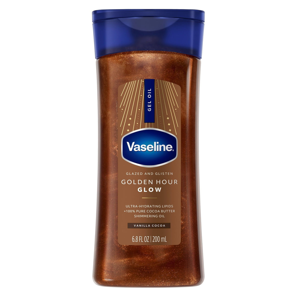 (6 pack) Vaseline Glazed and Glisten Golden Hour Glow Vanilla Cocoa Shimmering Body Gel Oil with Ultra-Hydrating Lipids and 100% Pure Cocoa Butter, 6.8 fl oz
