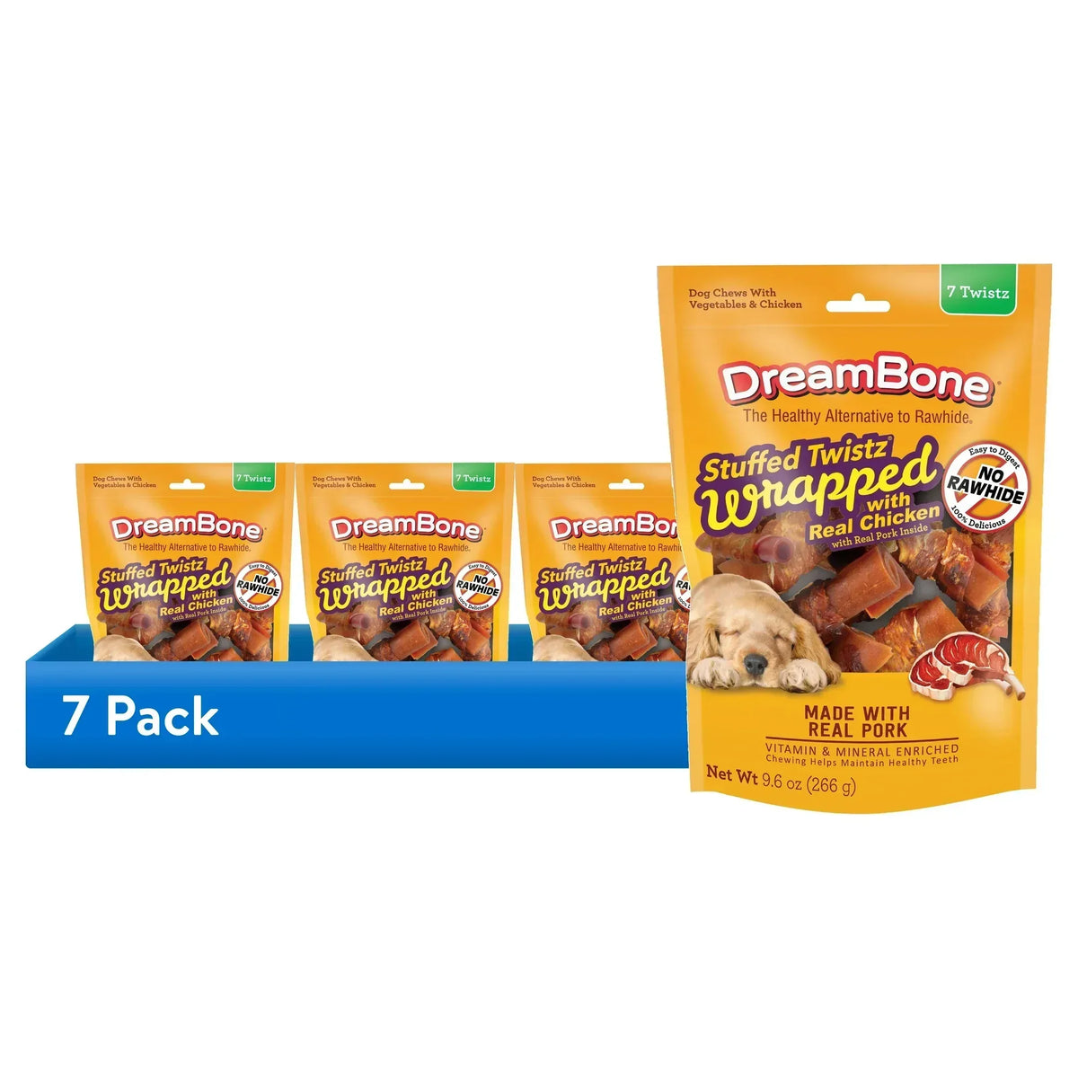 DreamBone Stuffed Twists Rawhide-Free Dog Chews with Real Pork Wrapped with Chicken, 7 Count