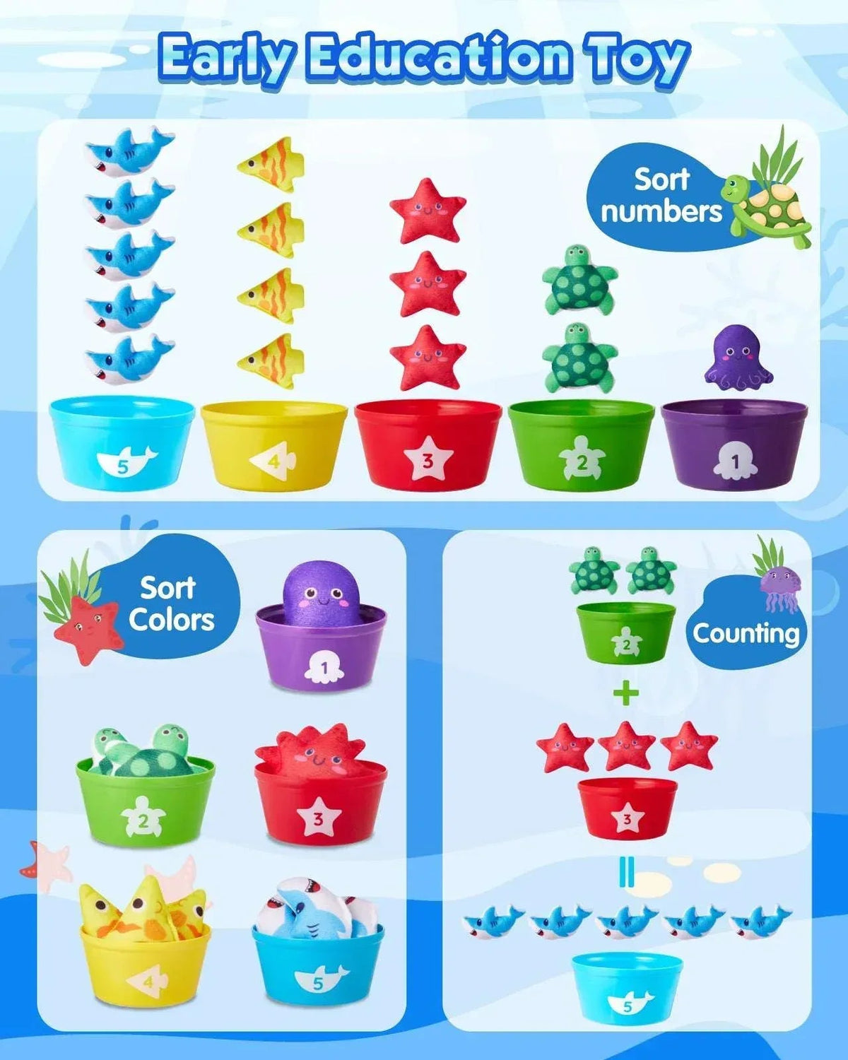 Gleamkid Montessori Toys for Toddler, 23 pcs Cloth Fishing Game Toy for 2 Poles, Stacking Cups, Double-Side Mat, Christmas Birthday Educational Gifts for 1-3 Year Old