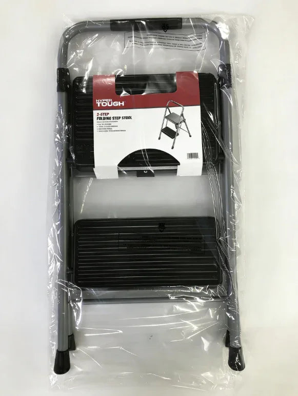 Hyper Tough Gray & Black 2-Step Steel Large Platform & Foldable Step Stool – Holds up to 225 Pounds