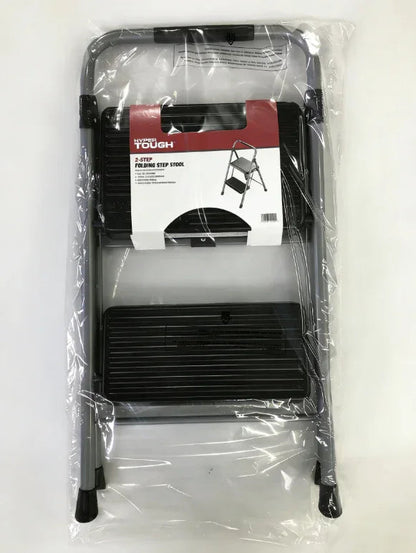 Hyper Tough Gray & Black 2-Step Steel Large Platform & Foldable Step Stool – Holds up to 225 Pounds