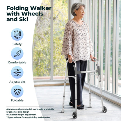 Naipo Compact Folding Walker with Trigger Release and Glide Skis for Seniors Elderly, 5 Inches Front Wheels Support Up to 350lbs, Silver