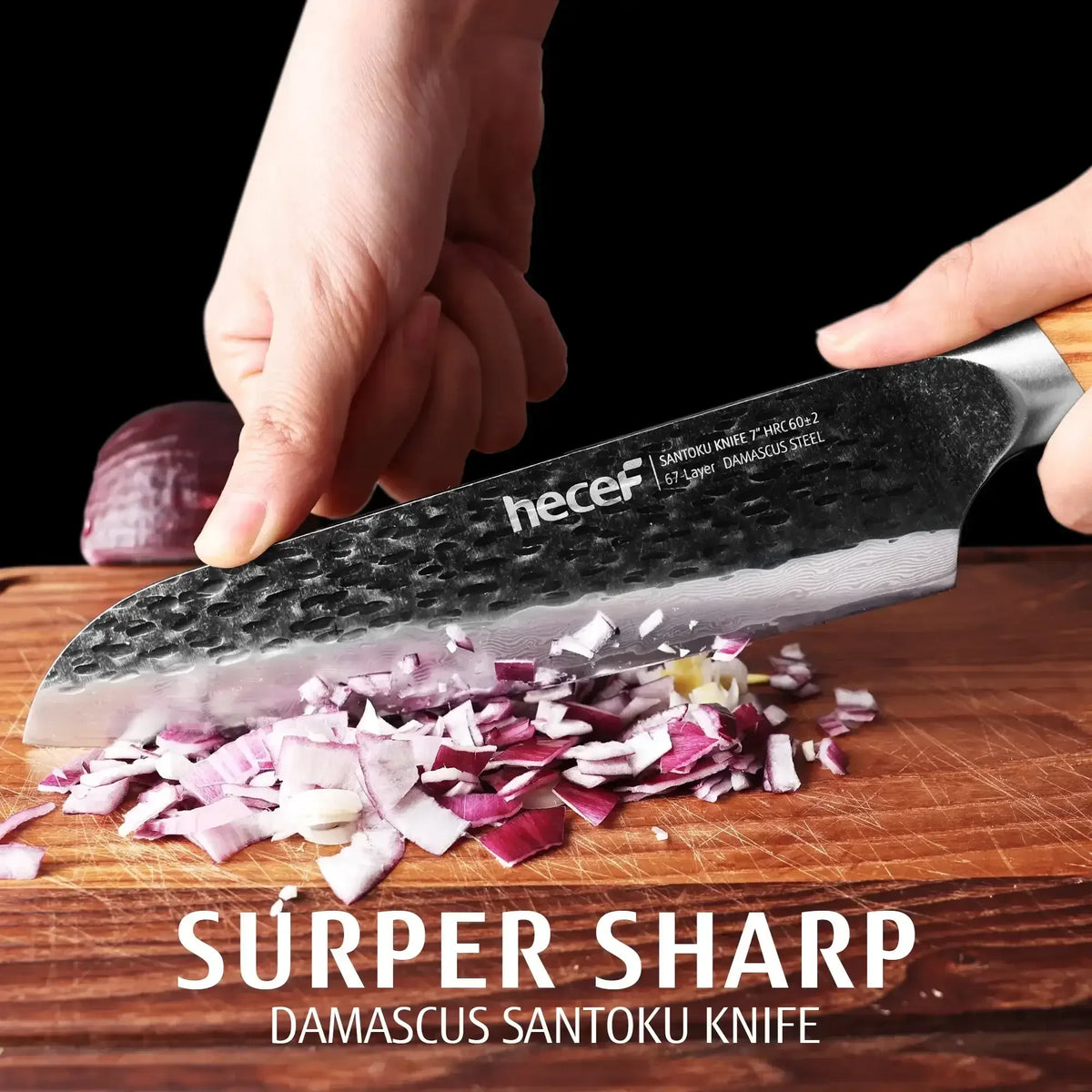 Hecef Japanese Chef Knife, Forged 67-Layer Damascus Steel Ultra Sharp Professional Hammered Carving Knife