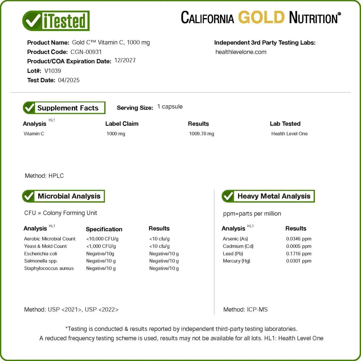 California Gold Nutrition Gold C®, USP Grade Vitamin C, 1,000 mg, 60 Veggie Capsules