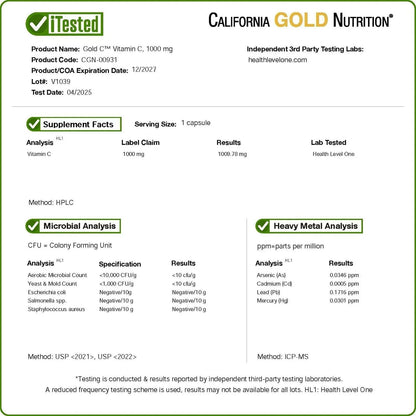 California Gold Nutrition Gold C®, USP Grade Vitamin C, 1,000 mg, 60 Veggie Capsules