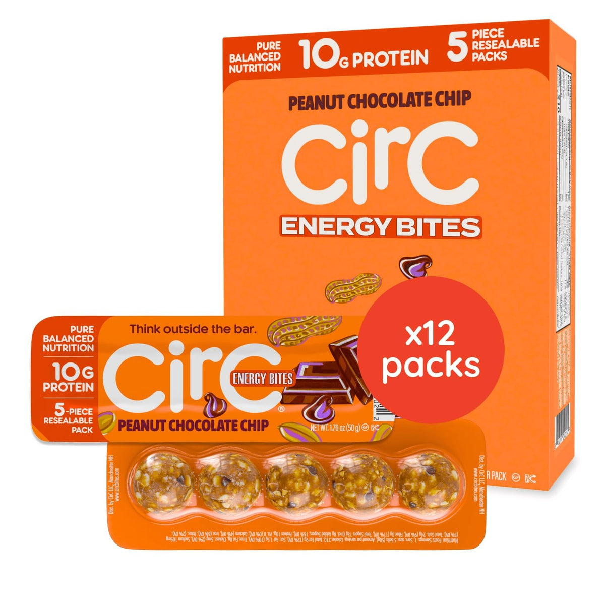 CirC Energy Bites - 12 Pack Peanut Chocolate Chip Gluten Free Protein Balls - 10g Protein, Whole Grains, Nuts & Fruit - Portable Healthy Snacks for Adults & Kids.