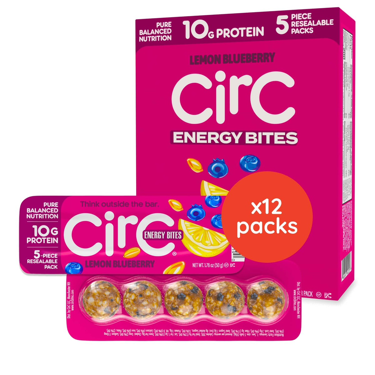 CirC Energy Bites - 12 Pack Peanut Chocolate Chip Gluten Free Protein Balls - 10g Protein, Whole Grains, Nuts & Fruit - Portable Healthy Snacks for Adults & Kids.