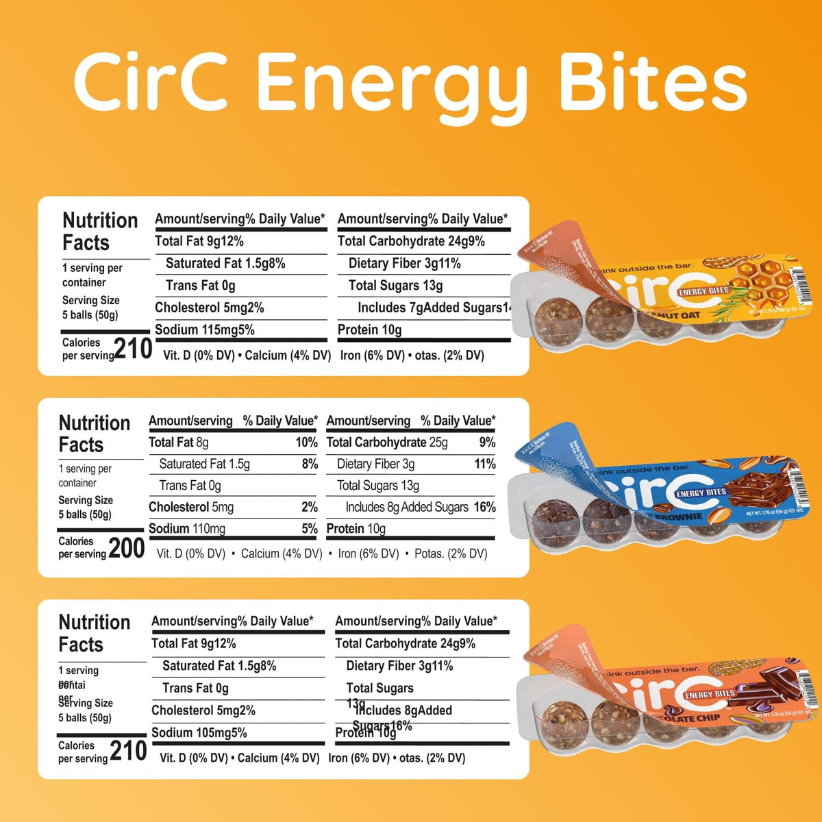 CirC Energy Bites - 12 Pack Peanut Chocolate Chip Gluten Free Protein Balls - 10g Protein, Whole Grains, Nuts & Fruit - Portable Healthy Snacks for Adults & Kids.