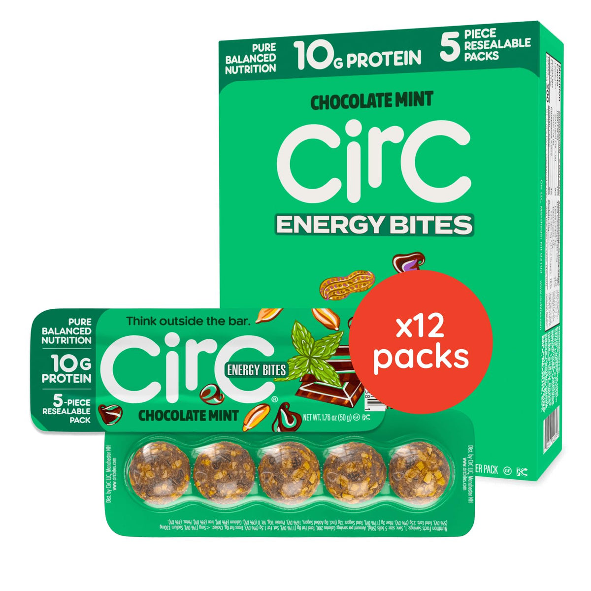 CirC Energy Bites - 12 Pack Peanut Chocolate Chip Gluten Free Protein Balls - 10g Protein, Whole Grains, Nuts & Fruit - Portable Healthy Snacks for Adults & Kids.