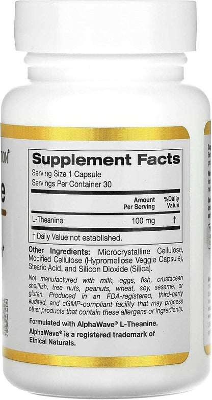 California Gold Nutrition, L-Theanine, Featuring AlphaWave, 100 mg, 30 Veggie Capsules
