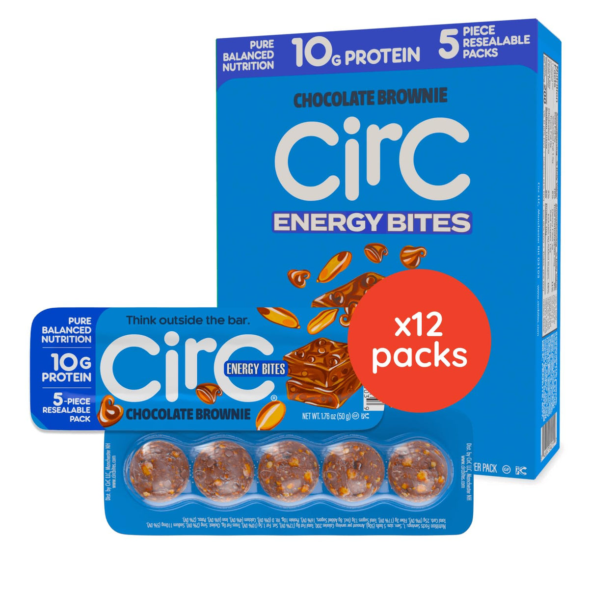 CirC Energy Bites - 12 Pack Peanut Chocolate Chip Gluten Free Protein Balls - 10g Protein, Whole Grains, Nuts & Fruit - Portable Healthy Snacks for Adults & Kids.