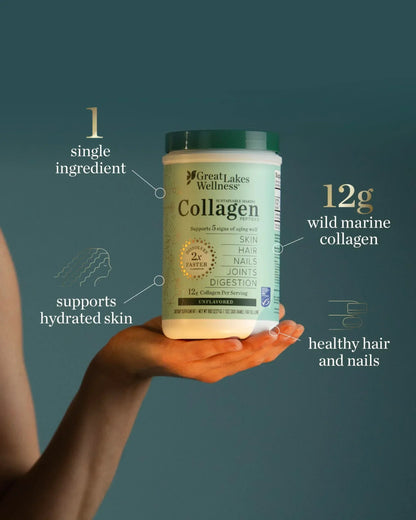 Great Lakes Wellness Sustainable Marine Collagen Peptides Powder for Skin, Hair, Nails, Joints & Digestion - Unflavored - Quick Dissolve Hydrolyzed, Wild Caught, MSC Certified, Non-GMO, Kosher - 16 oz