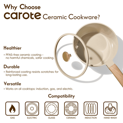 Carote 1.6QT & 3QT Ceramic Nonstick Saucepan Set with Lids, Small Cooking Pot, Induction Compatible, Oatmeal