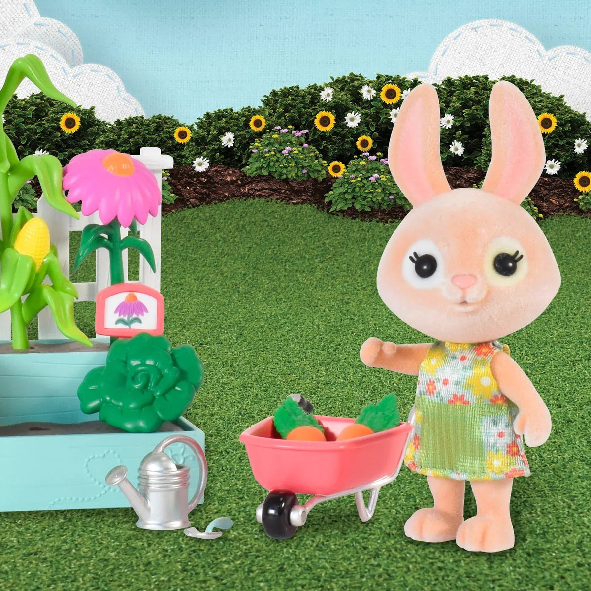 Honey Bee Acres Time to Garden Playset – 16 Piece Miniature Dollhouse Set with Bunny Figure, Wheelbarrow, Vegetables & More&nbsp; – Dolls for Kids Ages 3+