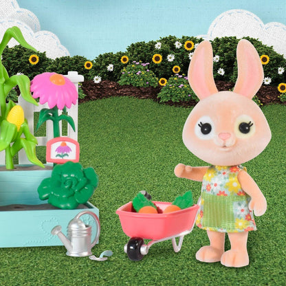 Honey Bee Acres Time to Garden Playset – 16 Piece Miniature Dollhouse Set with Bunny Figure, Wheelbarrow, Vegetables & More&nbsp; – Dolls for Kids Ages 3+