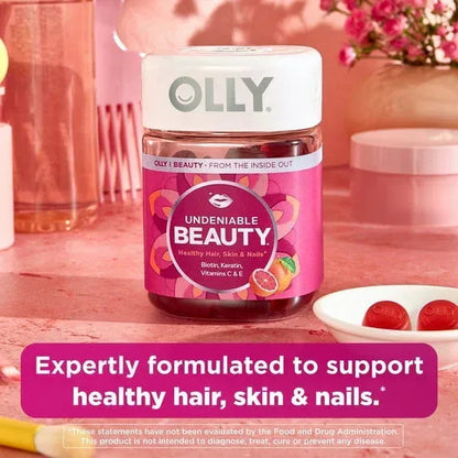 OLLY Undeniable Beauty Gummies, Biotin, Keratin, Supplement for Hair, Skin, Nails, 60 Ct