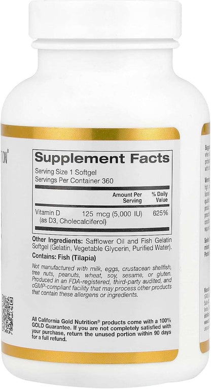 California Gold Nutrition, Vitamin D3, 125 mcg (5,000 IU), 90 Fish Gelatin Softgels