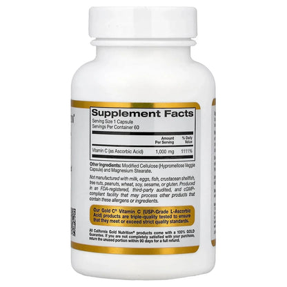 California Gold Nutrition Gold C®, USP Grade Vitamin C, 1,000 mg, 60 Veggie Capsules