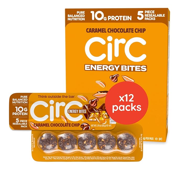 CirC Energy Bites - 12 Pack Peanut Chocolate Chip Gluten Free Protein Balls - 10g Protein, Whole Grains, Nuts & Fruit - Portable Healthy Snacks for Adults & Kids.