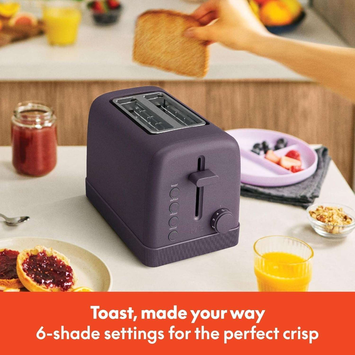 bella 2-Slice Toaster, 6 Setting Shade Control with Reheat, Cancel, Bagel & Defrost Buttons, Removable Crumb Tray, Anti Jam & Auto Shutoff, Plum