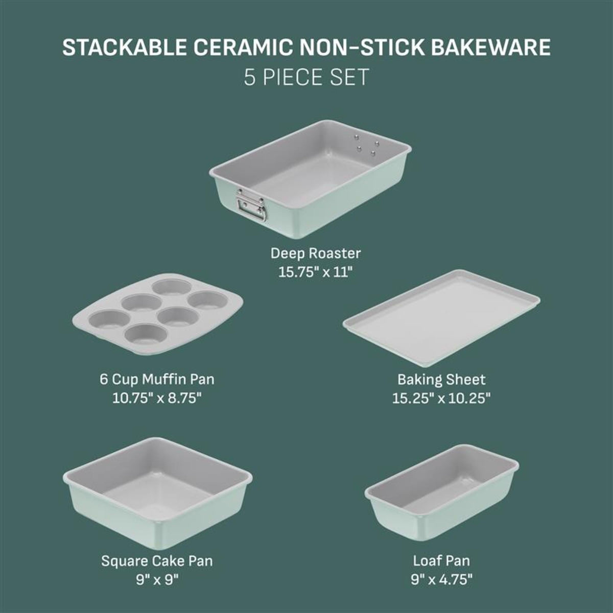 T-fal Stackable Ceramic Bakeware, 5 Piece Nonstick Bakeware Set, Mint Green, Oven Safe 450°F