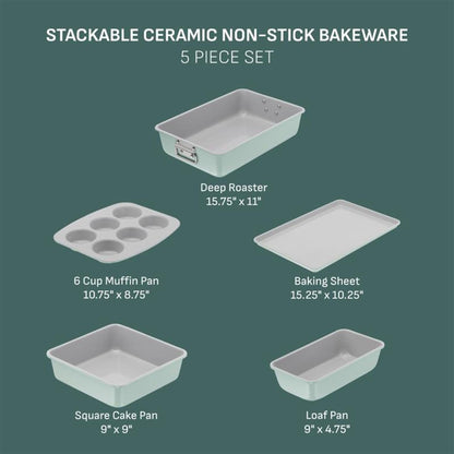 T-fal Stackable Ceramic Bakeware, 5 Piece Nonstick Bakeware Set, Mint Green, Oven Safe 450°F